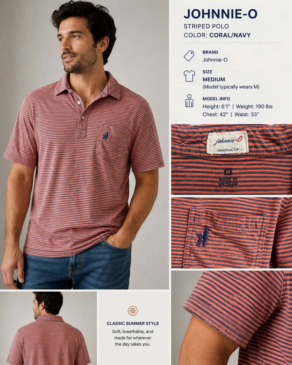Johnnie-O Dante Men’s Medium Polo Shirt Coral Navy Striped Cotton M